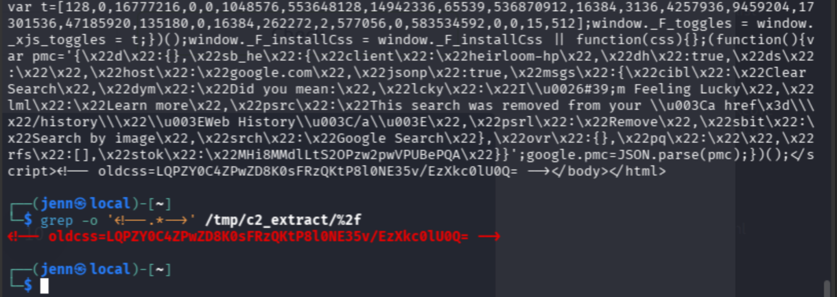 C2 response bodies wrapped in oldcss= base64 HTML comments